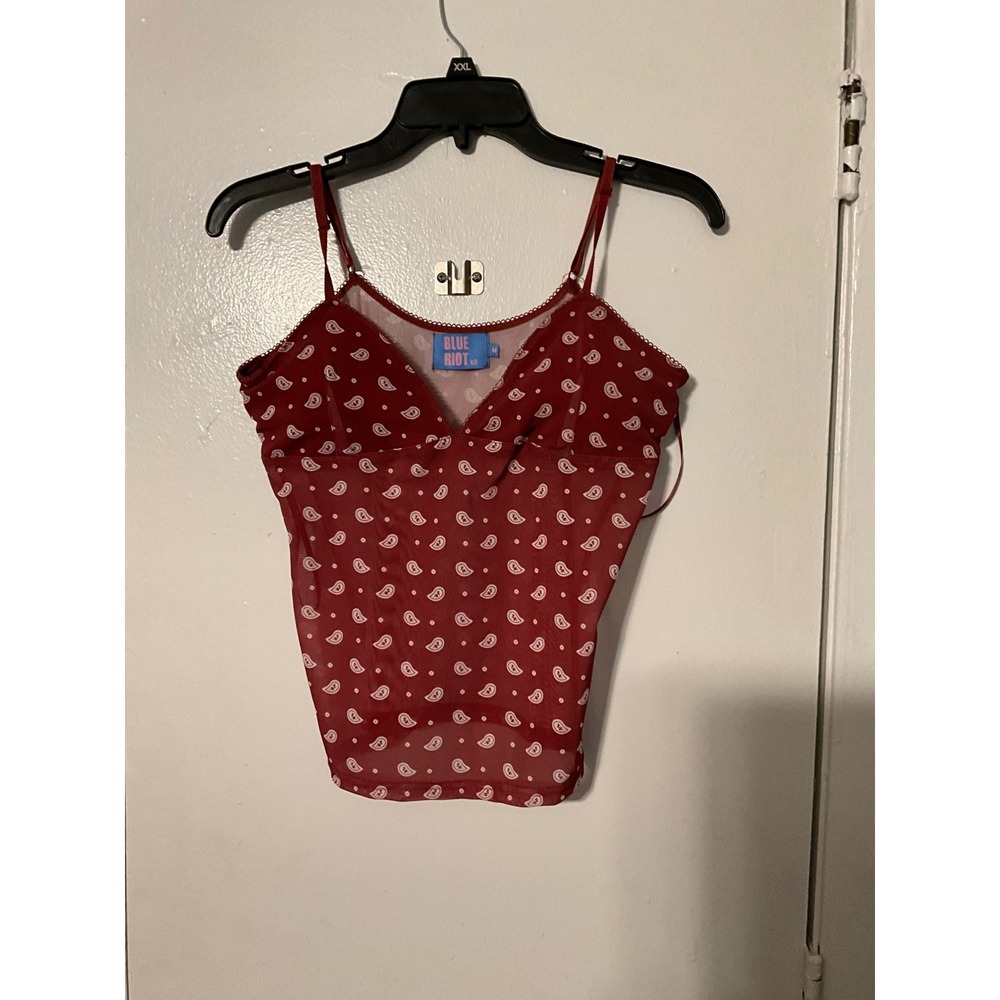 Blue Riot XO Red‎ Paisley Sheer Mesh Cami Top Lace Trim Med Adjustable Straps